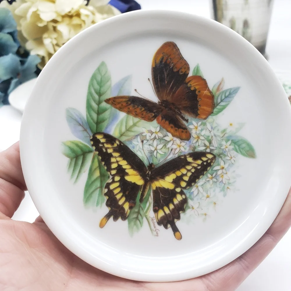 Vintage Homles Gray Ceramic Butterfly Coasters Signed Set of 6